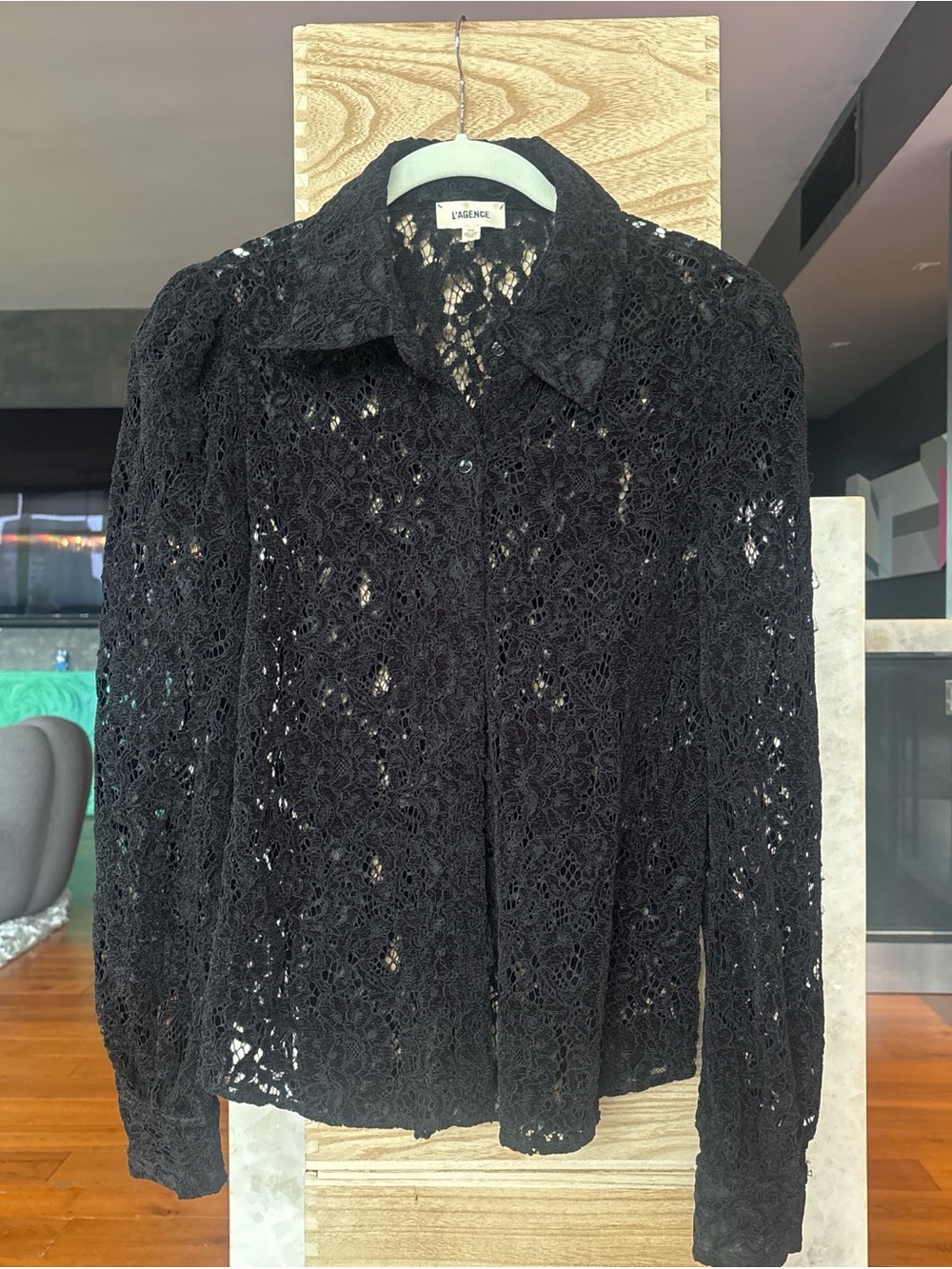 L'AGENCE Black Floral Lace Button-Front Blouse